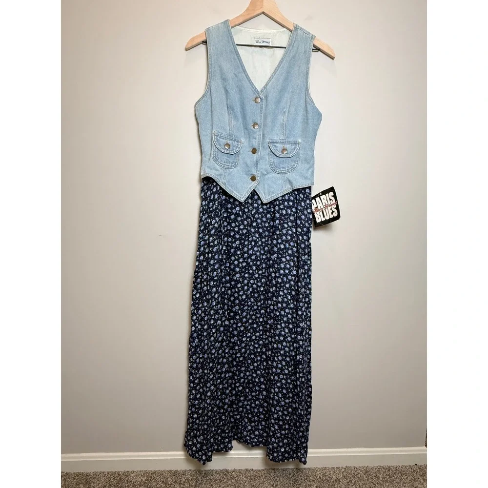 NWT Vintage Paris Blues S | M Denim Vest Blue Floral Maxi Dress Set 1990's USA - Picture 1 of 16